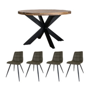 Home67 Set - Eettafel Bob ø130 cm + 4 x Eetkamerstoel Galgary - Army Green