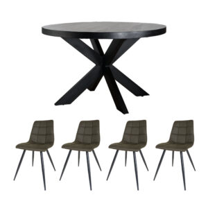 Home67 Set - Eettafel Bob Zwart Mangohout ø130 cm + 4 x Eetkamerstoel Galgary - Army Green