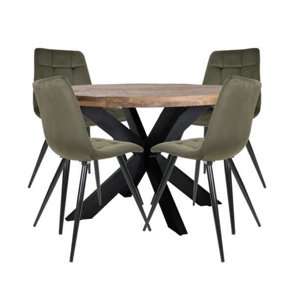 Home67 Set - Eettafel Bob ø130 cm + 4 x Eetkamerstoel Galgary - Velvet Army Green