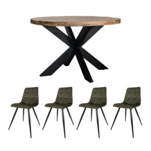 Home67 Set - Eettafel Bob ø130 cm + 4 x Eetkamerstoel Galgary - Velvet Army Green