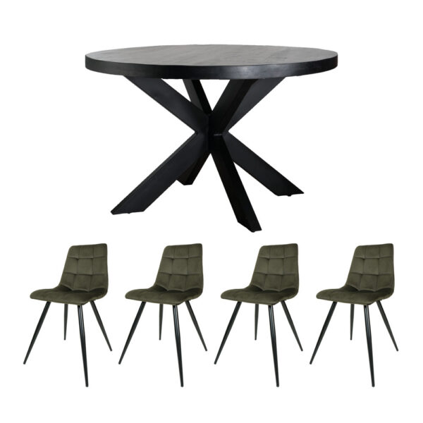 Home67 Set - Eettafel Bob Zwart Mangohout ø130 cm + 4 x Eetkamerstoel Galgary - Velvet Army Green